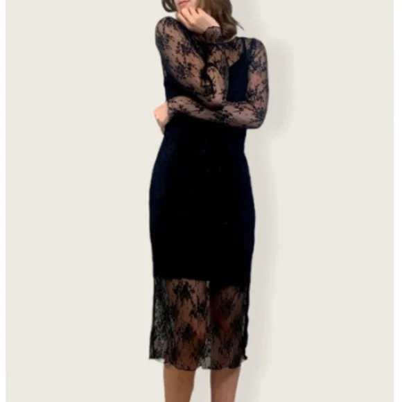 Line & Dot | Dresses | Line Dot Black Lace Sheer Long Sleeve Midi Dress |  Poshmark
